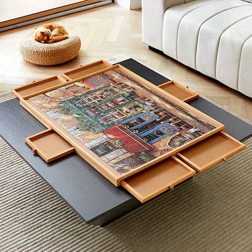 ENERIDIO wooden puzzle table with 6 drawers and lid, lazy Susan rotating puzzle table, can hold 1000，1500 ， 2000 pieces